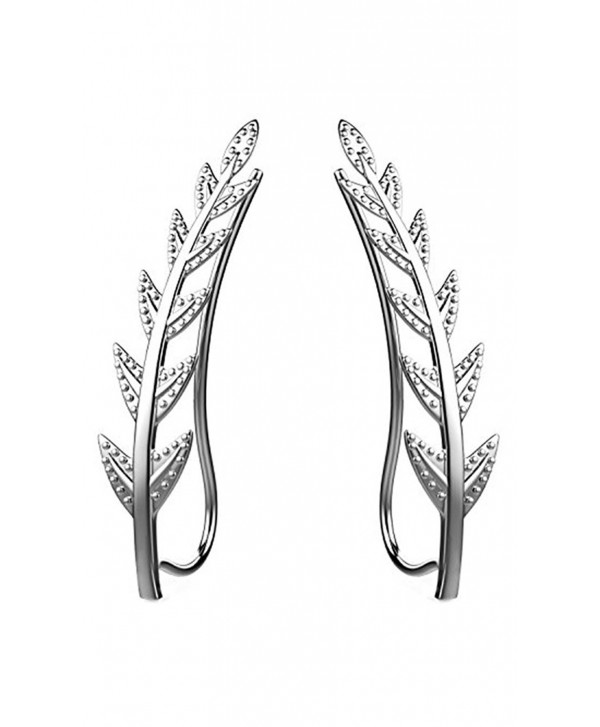 Ear Crawler Cuff Earrings 14k White Gold Over Sterling Silver Ear Climber Studs Olive Leaf Hypoallergenic - CF12NSLDD6Q