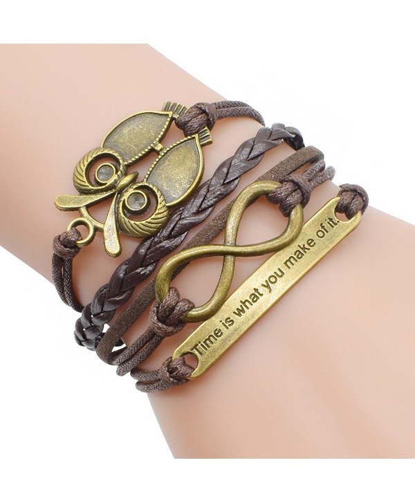 Retro Bronze Owl Infinity Symbol Time Theme Unique Braided Adjustable Charm Bracelet - CA12C2TG9KN