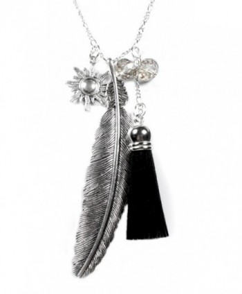 Feather and Sun Charm Necklace with Tassel on Silvertone 28 Inch Long Chain in Gift Box - CJ1281G0BJL