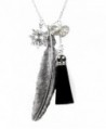 Feather and Sun Charm Necklace with Tassel on Silvertone 28 Inch Long Chain in Gift Box - CJ1281G0BJL