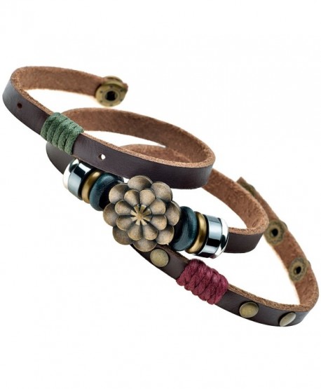 Multilayer Leather Personality Hematite Lucky Lotus Flower Snap Button Wrap Bracelet - C612D4O40DN
