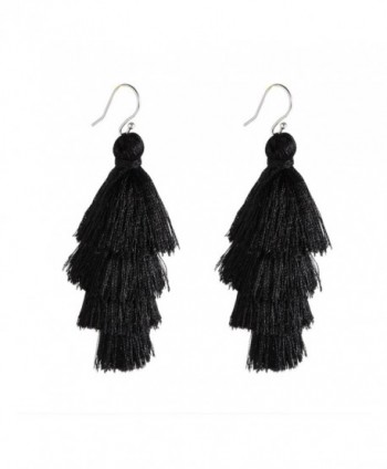 Bonnie 4 Four Tiered Thread Statement Layered Pierces Hook Tassel Dangle Earrings - Black - CU186DLQ5M9