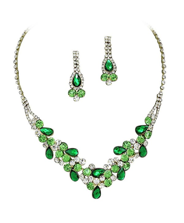 Elegant Emerald Green W Lime Green Accents V-Shaped Garland Bridesmaid Evening Necklace Set Gold Tone K6 - CR11P9GVA6J