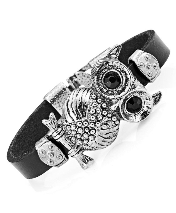 Stunning Leather Crystal Black Owl Cuff Bracelet (Silver Color) - CP11K3BLPM5