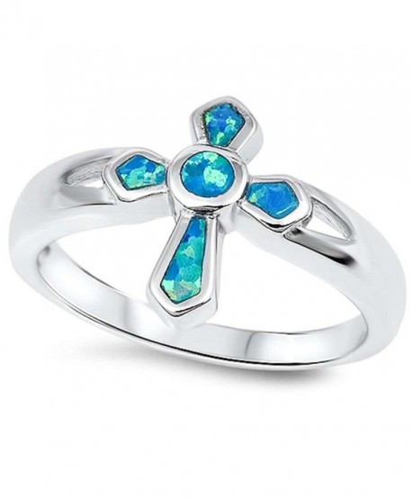 Lab Created Blue Opal Cross .925 Sterling Silver Ring Sizes 5-10 - C511MBK154J
