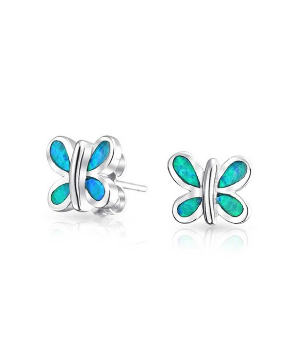 Bling Jewelry Simulated Blue Opal Inlay Butterfly Animal Stud earrings 925 Sterling Silver 9mm - CR11JXZERC7