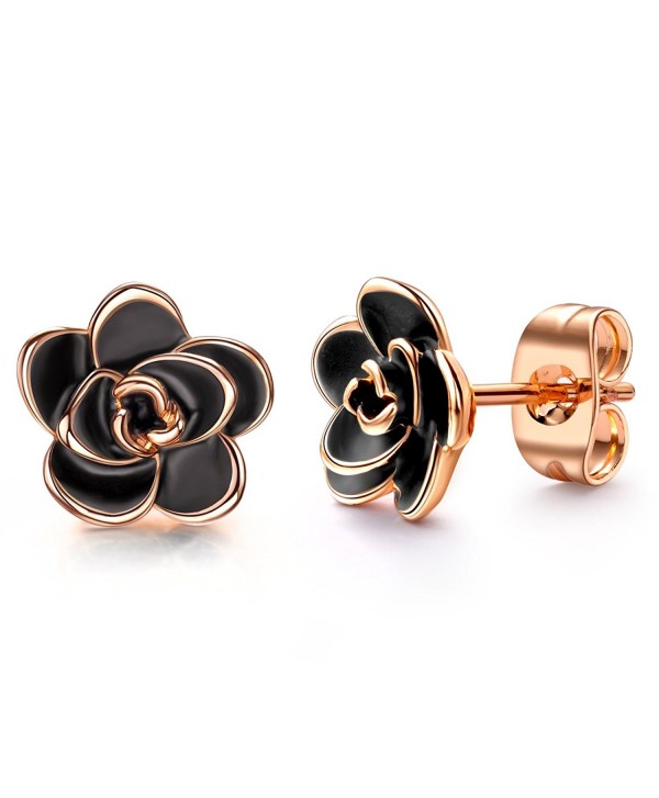 Allencoco 18K Gold Plated Black Rose Flower Stud Earrings - 18K Rose Gold Plated - CV12NSGLX8V