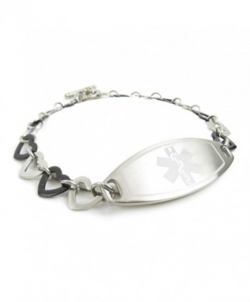 MyIDDr - Pre-Engraved & Customized Pacemaker Ladies Medical Bracelet- Steel & Black Hearts - CZ11KGVDBU1