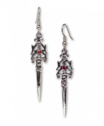 Gothic Skull Dagger Medieval Renaissance Dangle Earrings with Red Austrian Crystals - CD11DXG3JHL