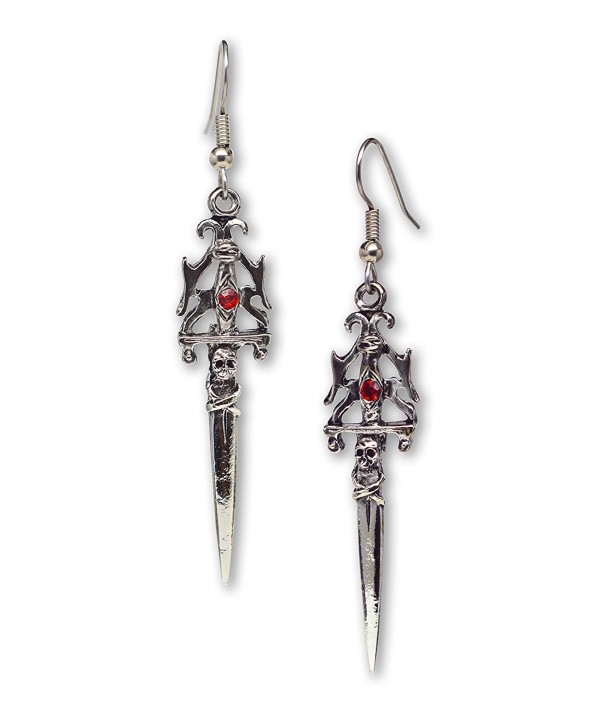 Gothic Skull Dagger Medieval Renaissance Dangle Earrings with Red Austrian Crystals - CD11DXG3JHL