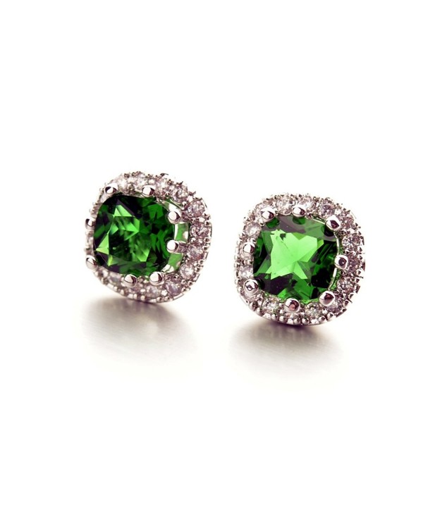 White Gold Plated Cushion Shaped Emerald Green Cubic Zirconia Crystal Stud Earrings Fashion Jewelry for Women - CS128C9D6O9
