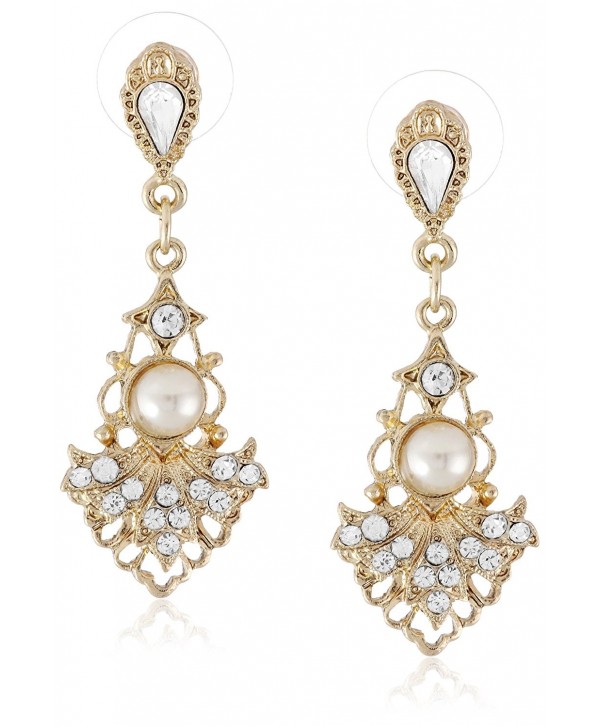 Downton Abbey Gilded Age Gold-Tone Crystal-Studded Fan Earrings with Faux Pearls - C011FM4JT9T