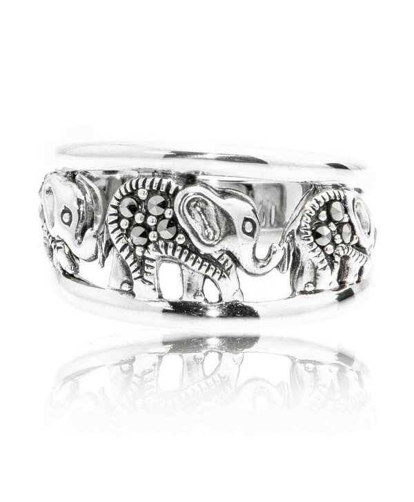 925 Oxidized Sterling Silver Swarovski Marcasite Elephants Band Ring - Nickel Free - C611IA1IB6R