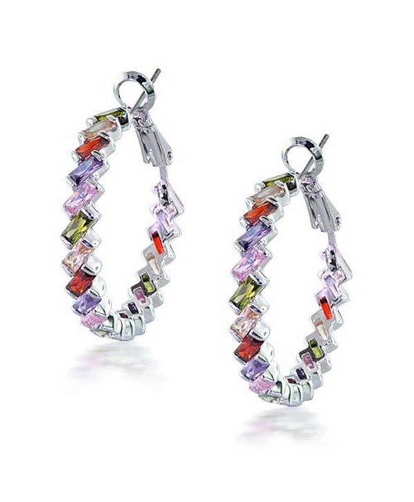 Bling Jewelry Rainbow Clear CZ Baguette Hoop Earrings Rhodium Plated Brass - CV1163A0DQD