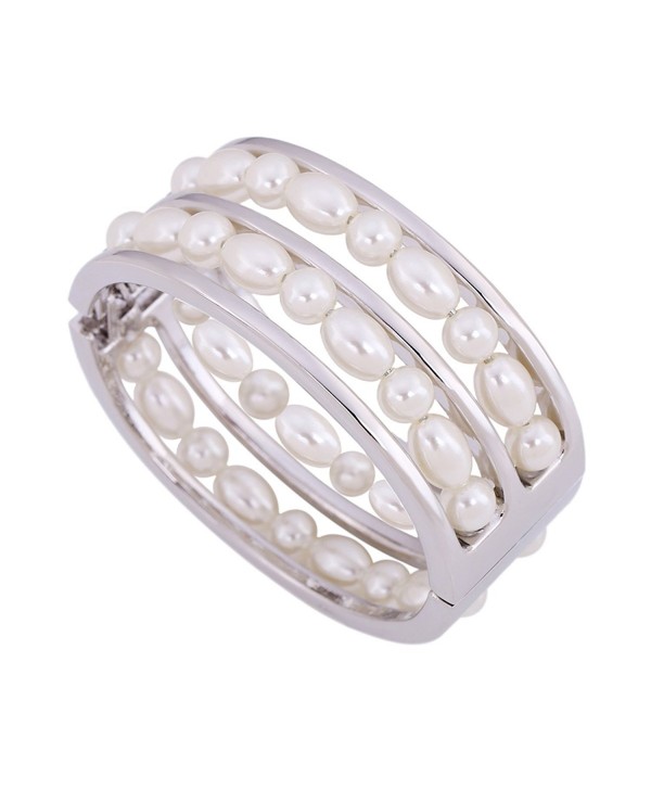 KAYMEN Women's Glossy Metal With White Imitation Pearls Statement Bangle & Girl's Bracelet - C1120OZZHHX