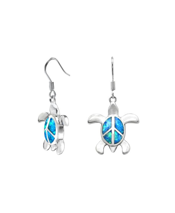 Sterling Silver Turtle Peace Sign Hook Earrings with Simulated Blue Opal - CI11LD698B9