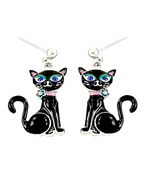 DianaL Boutique Black Kitty Cat Earrings Post Enameled Gift Boxed Fashion Jewelry for Girls and Women - CA11SG8H9R7