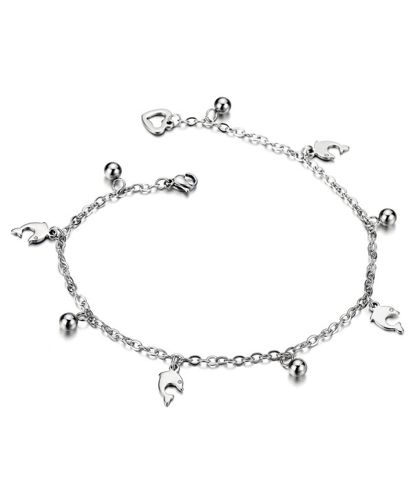 Stainless Steel Anklet Bracelet with Dangling Charms of Dolphins and Beads - CS12KB1B143