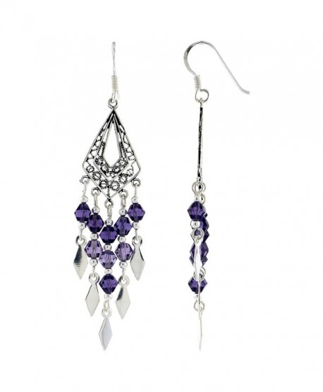 Sterling Silver Triangular Chandelier Dangle Earrings Purple Crystals- 2 3/8 inches long - C6111Z5ND6J