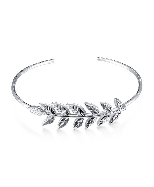 ATHENAA S925 Sterling Silver Leaf Adjustable Cuff Bangle Bracelet - C21899N6KYQ