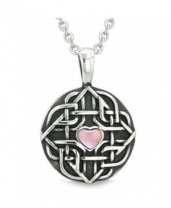 Amulet Celtic Shield Knot Magic Heart Protection Powers Pink Simulated Cats Eye Pendant 18 Inch Necklace - CG11U9ZY4XR