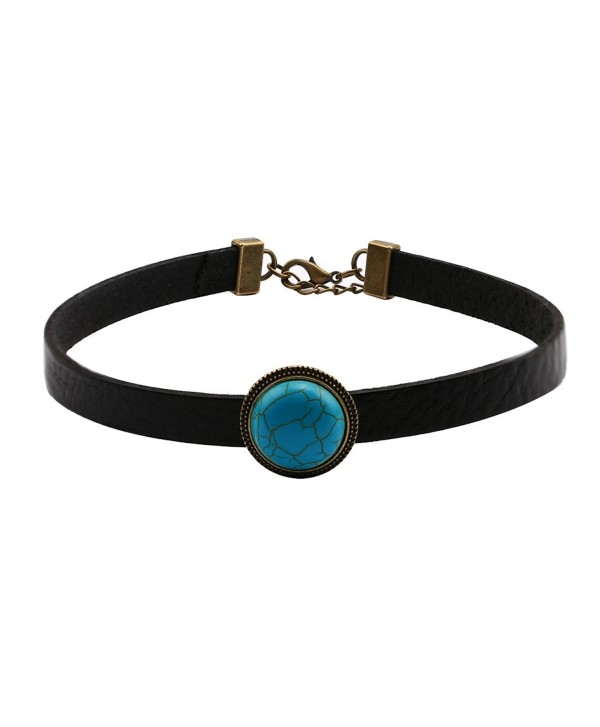 Yunhan Natural Turquoise and Flat Black Leather Choker Necklace & Bracelet Set for Women Adjustable - CL12KDMUT89