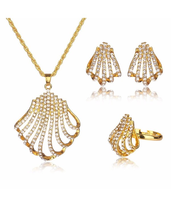 MOOCHI 18K Gold Plated Fan-Shaped Golden Chain Pedant Necklace Earrings Jewelry Set Party Dance - C9128J3JWBT