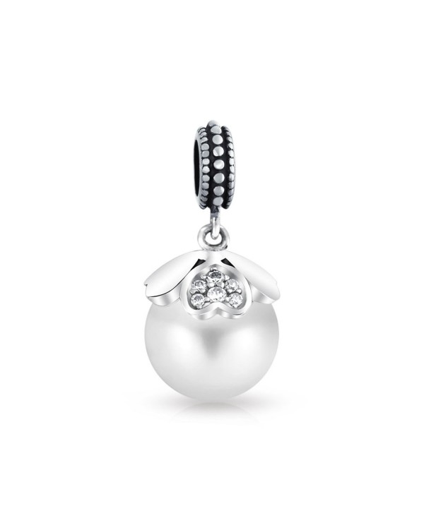 Bling Jewelry 925 Silver Simulated Pearl Heart Dangle Bead Charm - CM11NGV2YVZ