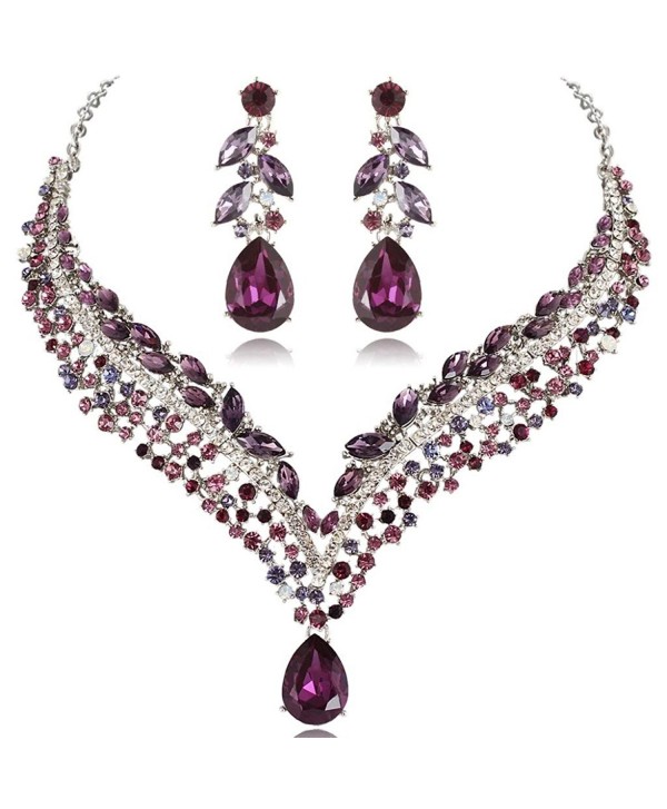 EVER FAITH Women's Austrian Crystal Decorative Leaf Teardrop Necklace Earrings Set - Purple Silver-Tone - CK11KKCI5I9