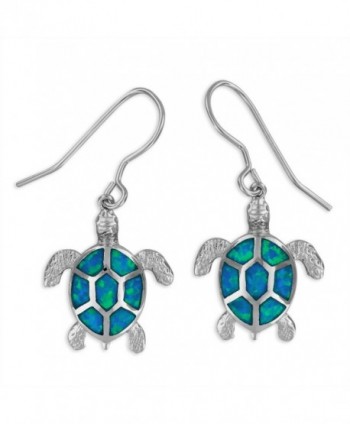 Sterling Silver Synthetic Blue Opal Turtle Dangle Earrings - C41295WJZFL