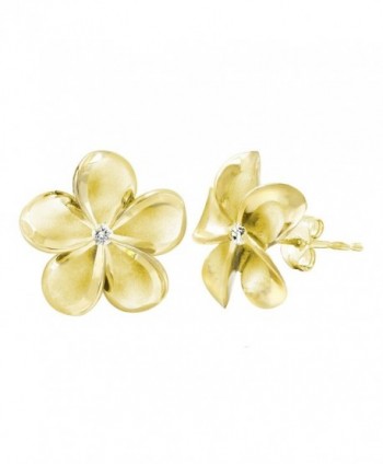 14k Yellow Gold Plated Stering Silver CZ Plumeria Stud Earrings- 14mm - CO1175T8XO1