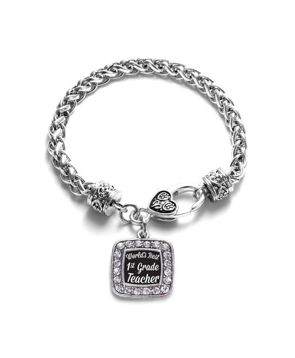 World's Best 1st Grade Teacher Classic Silver Plated Square Crystal Charm Bracelet - CU11U7O1HO9