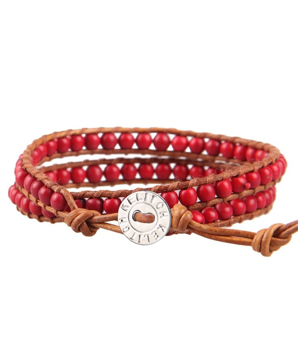 KELITCH Birthstone Semi-precious Gemstone Beads 2 Wraps Leather Bracelets - Red Agate - CG12LMYRD4Z