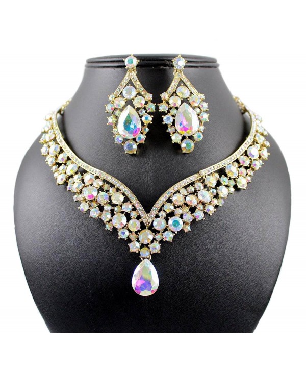 Janefashions Elegant AB Austrian Rhinestone Crystal Bib Necklace Earrings Set N1623g Gold - CB12F75SRX1