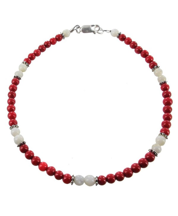 Womens Red Dolomite- Mother of Pearl & Sterling Silver Ladies Beaded Gemstone Anklet with Daisies - CS11BBMQF8T