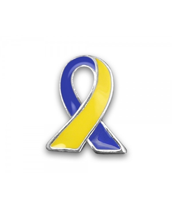 Down Syndrome Awareness Blue & Yellow Awareness Lapel Ribbon Pins (25 Pins in Bulk) - " Lapel Ribbon Pin " - C61221LTPCL