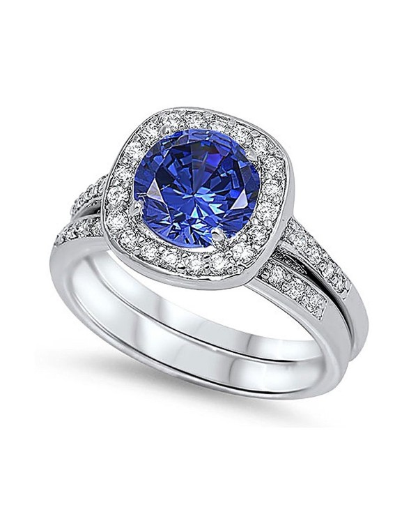 Sterling Silver Round Simulated Blue Sapphire CZ Halo Wedding Ring Set 12MM ( Size 5 to 10 ) - C611BGEONU9