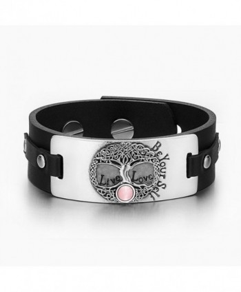Tree of Life Live Love Be Your Self Celtic Magic Amulet Pink Simulated Cats Eye Black Leather Bracelet - CX129CIS7MZ