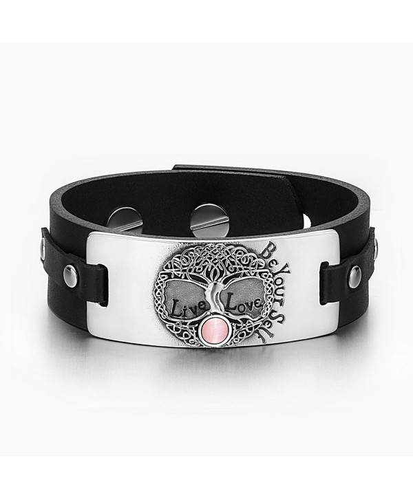 Tree of Life Live Love Be Your Self Celtic Magic Amulet Pink Simulated Cats Eye Black Leather Bracelet - CX129CIS7MZ