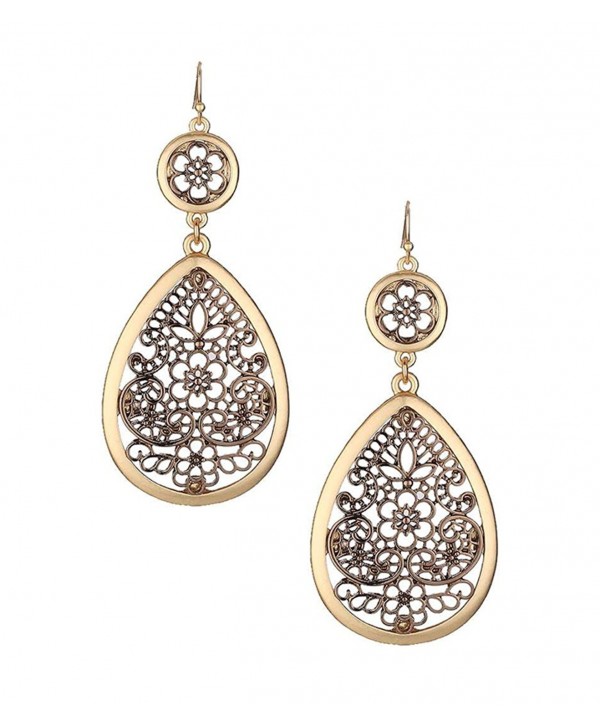 Extra Large & Long Copper-Tone Filigree & Burnished Gold-Tone Open Work Dangle Teardrop Earrings 3 1/4" - CX1863ZT87A