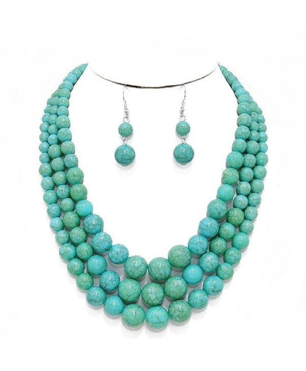 Statement Layered Strands Turquoise Stone-simulated Pearl Beads Necklace Earrings Set Gift Bijoux - CL12N0GMB91