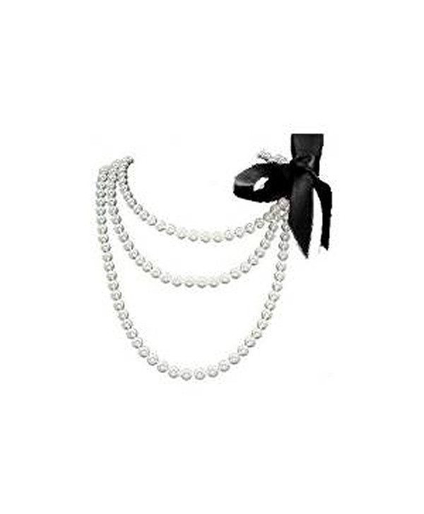 Fun/Flirty White Pearl 60" Necklace with Removable Black Ribbon - Faux Pearl Prom / Bridesmaid Jewelry - CL116YGQVRH