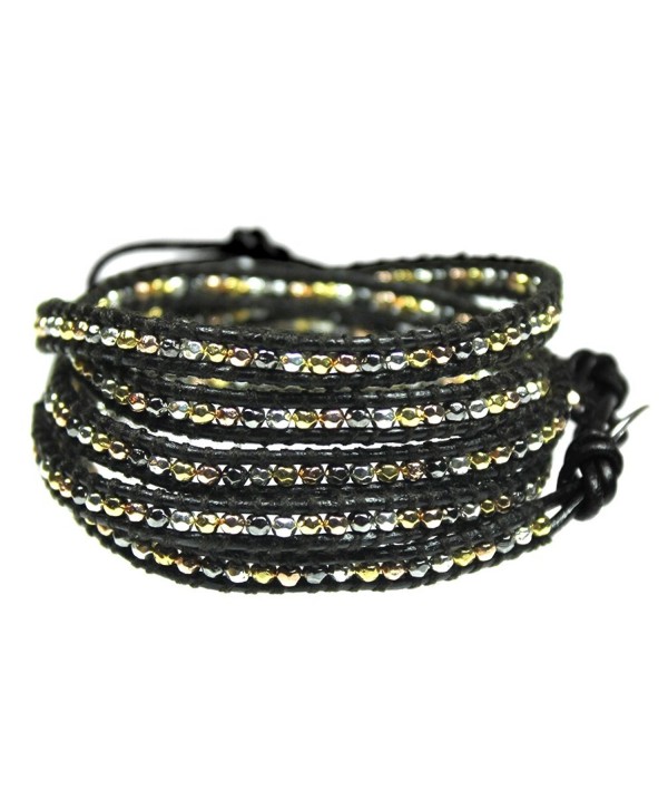 Beautiful Silvertone- Goldtone- Gray Nugget Bead Leather Wrap Bracelet- 5 Times Wrap - CF110OMB1BX
