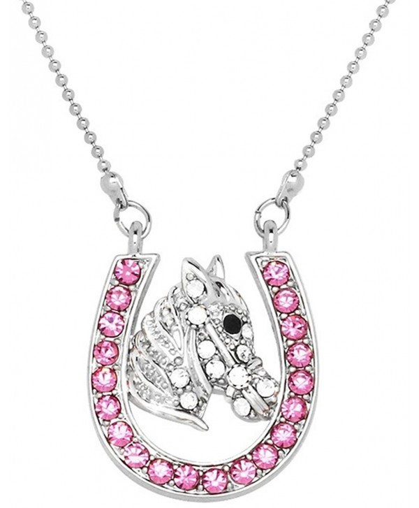 Lucky Horseshoe and Horse/Pony Silver Tone Necklace Choose Pink- Multicolor or Clear Crystals - CH17YKX3E2Q