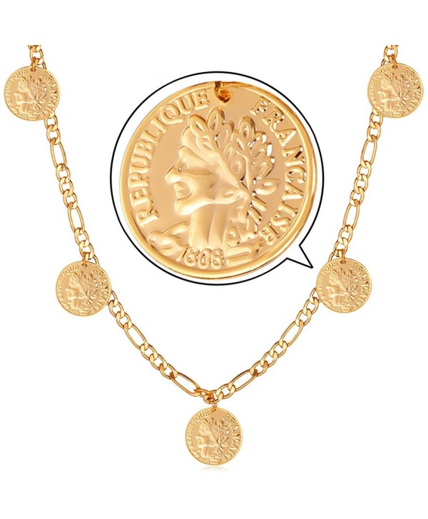 U7 Women 18K Gold Plated Queen Coin Charm Figaro Chain Necklace - C51263AA2MB