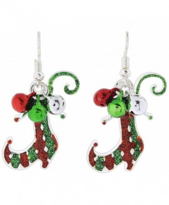 Periwinkle Festive Red & Green Glittered Enamel Elf Boots Dangle Earrings - CI187G9YWZ0