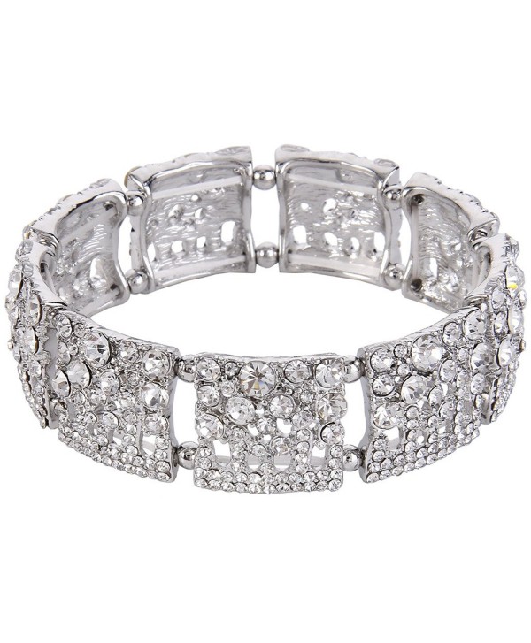 EVER FAITH Women's Austrian Crystal Wedding Square Shape Elastic Stretch Bracelet Clear Silver-Tone - C212G49WVSL