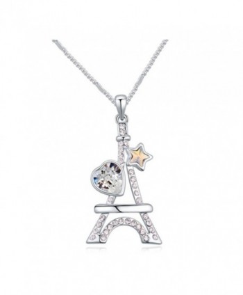 White Gold Plated Eiffel Tower Heart Star Cut AAA Swarovski Elements Clear Austrian Crystal Pendant Necklace - CY120IA2Y1F