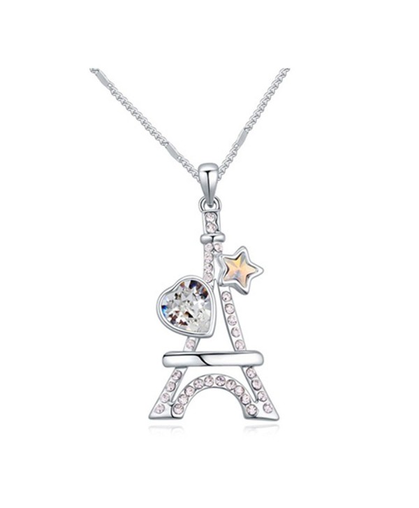 White Gold Plated Eiffel Tower Heart Star Cut AAA Swarovski Elements Clear Austrian Crystal Pendant Necklace - CY120IA2Y1F