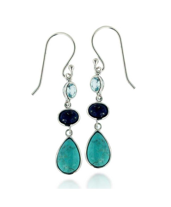 Rhodium Plated 925 Sterling Silver Gemstone Triple Drop Dangle Earrings - Blue - C011TT2PDSL